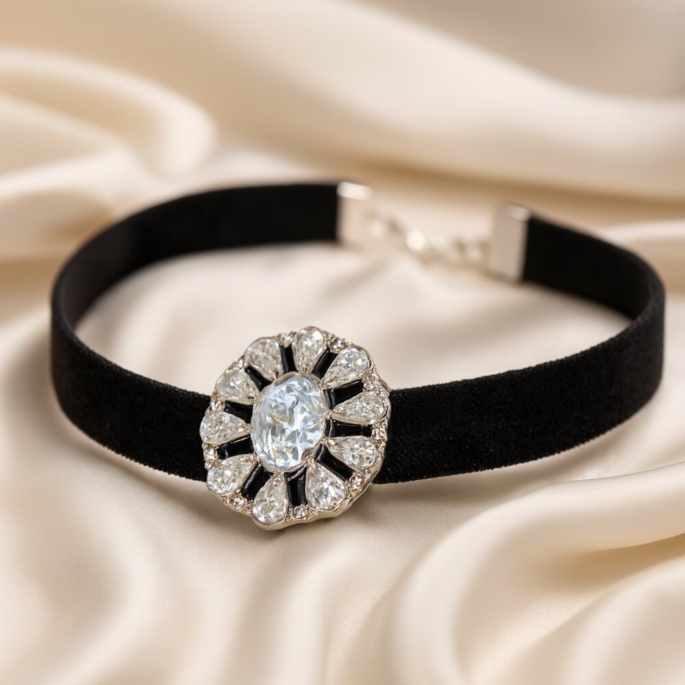 Black Cord Choker – Silver Crystal Sunburst Pendant Necklace - Women's Jewelry